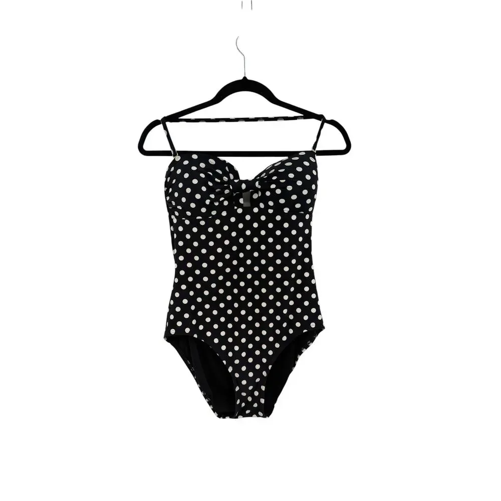 Kate Spade New York Polka Dot One Piece Swimsuit Bow Front Black White Large - Picture 2 of 10